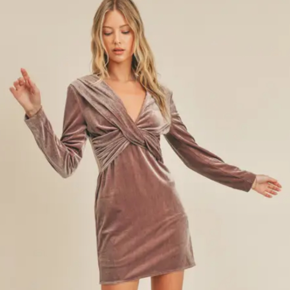 Lush Mauve Velvet Twist Front Mini Dress